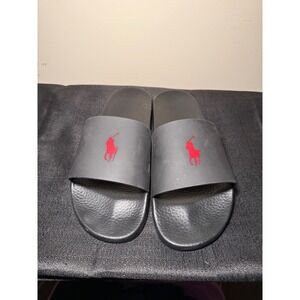 Polo Ralph Lauren Cayson Slides Mens Black Red Pony Logo Sandals
